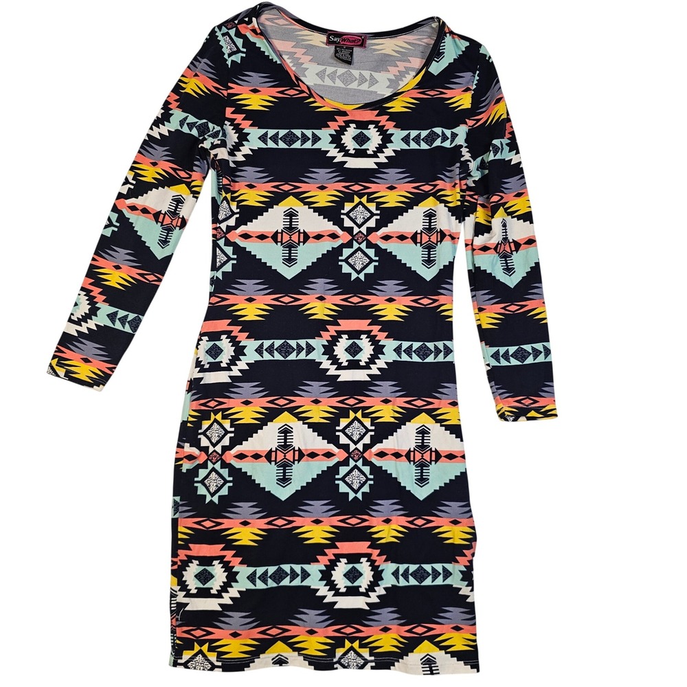Say What? Womens Long Sleeve Tribal Geometric Print Bodycon MiniDress SmallMulti